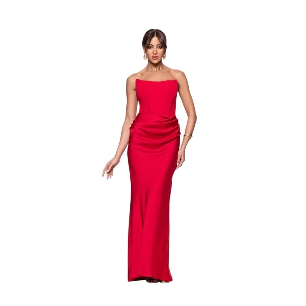 Betsy & Adam Red Corset Mixed Media Strapless Gown Wedding Dress 8